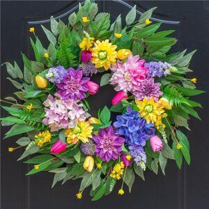 Summer Wreaths for Front Door, 24 Inch Spring Door Wreath with Dahlia